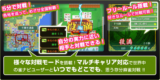 様々なゲームモードを搭載！マルチキャリア対応で世界中の雀ナビユーザーといつでもどこでも、思う存分麻雀対戦！！